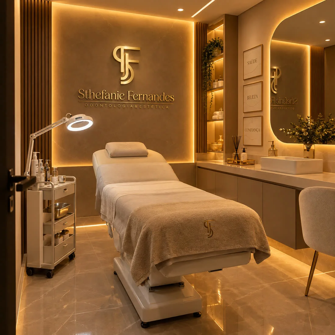 Sala de estética da clínica, com maca e iluminação suave